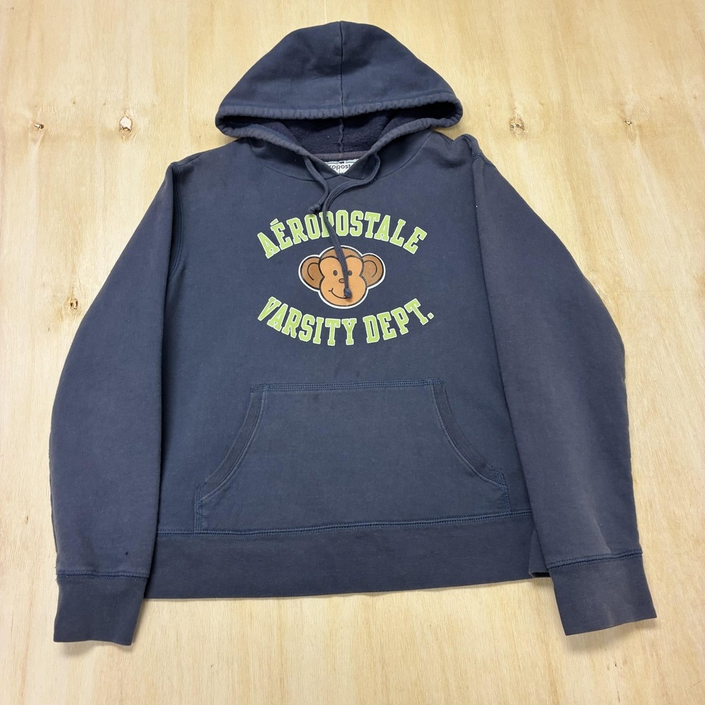 Vintage Aeropostale Hoodie Womens Large Blue Fleece Pullover Monkey Sweatshirt